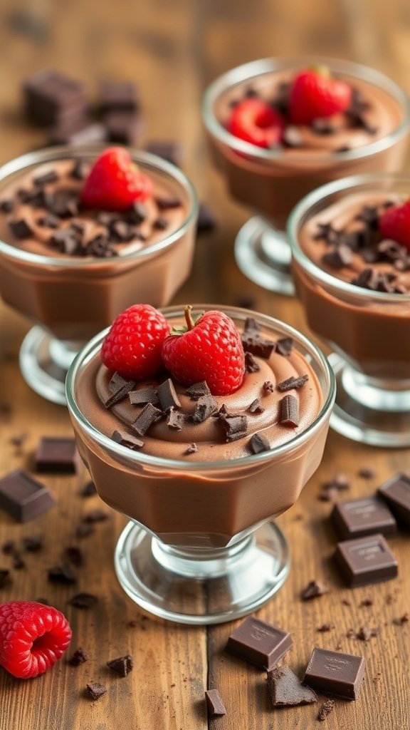 Creamy cottage cheese chocolate mousse in dessert cups, topped with chocolate shavings and berries on a rustic table.
