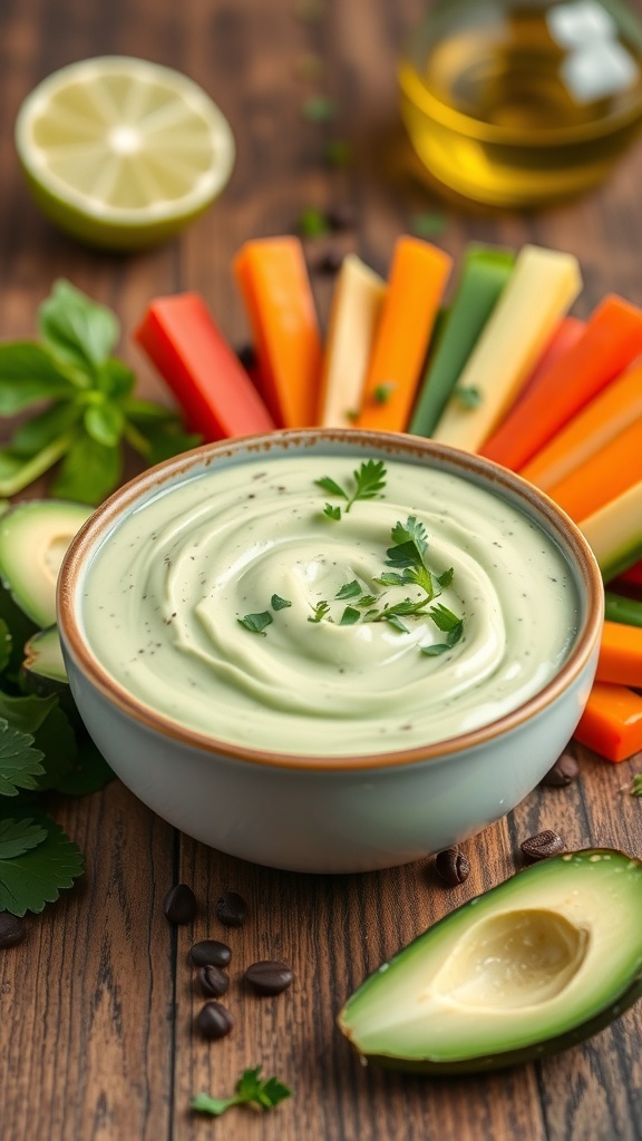 Creamy Avocado Ranch Dressing Recipe Creamy avocado ranch dressing in a bowl, garnished with herbs, alongside vegetable sticks on a rustic table.