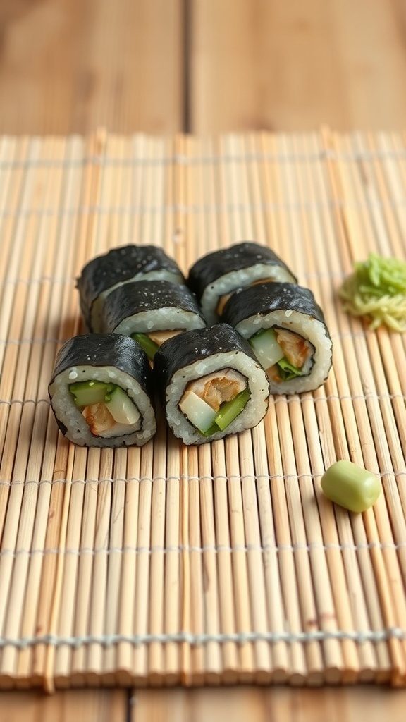 Homemade sushi rolls on a bamboo mat with wasabi