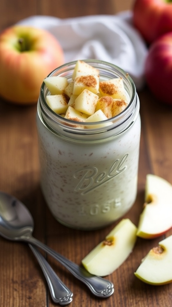Healthy Apple Cinnamon Overnight Oats Recipe Mason jar of apple cinnamon overnight oats with diced apples and cinnamon on a wooden table.