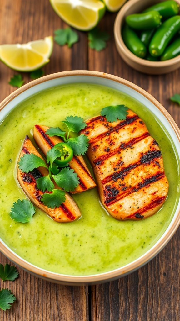 A bowl of creamy aji verde sauce with grilled chicken and vegetables on a rustic table.