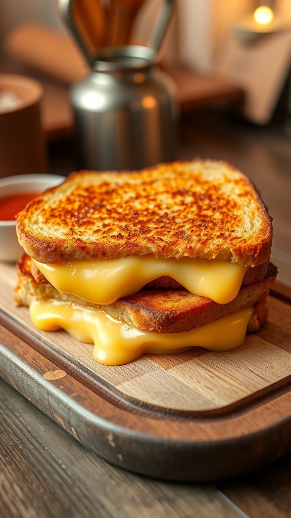 A crispy aged gouda grilled cheese sandwich with melted cheese, served with tomato soup on a wooden board.