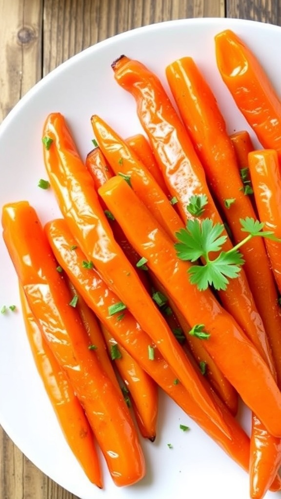 Honey apricot glazed carrots on a white plate, garnished with fresh herbs, on a rustic wooden table.
