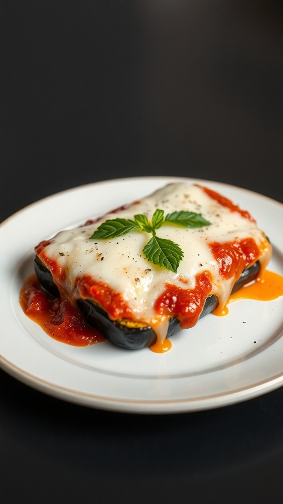 A plate of eggplant parmesan topped with marinara sauce and fresh herbs.