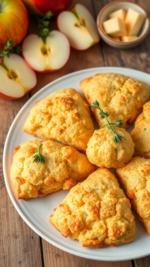 Savory Apple Cheddar Scones Recipe Golden brown apple cheddar scones on a plate, garnished with herbs, with fresh apples and cheddar cheese in the background.