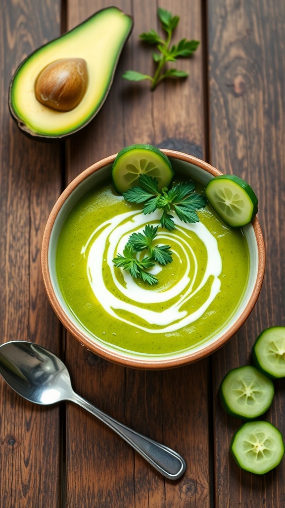 Chilled avocado cucumber soup in a bowl, garnished with herbs and cucumber slices, on a rustic table.