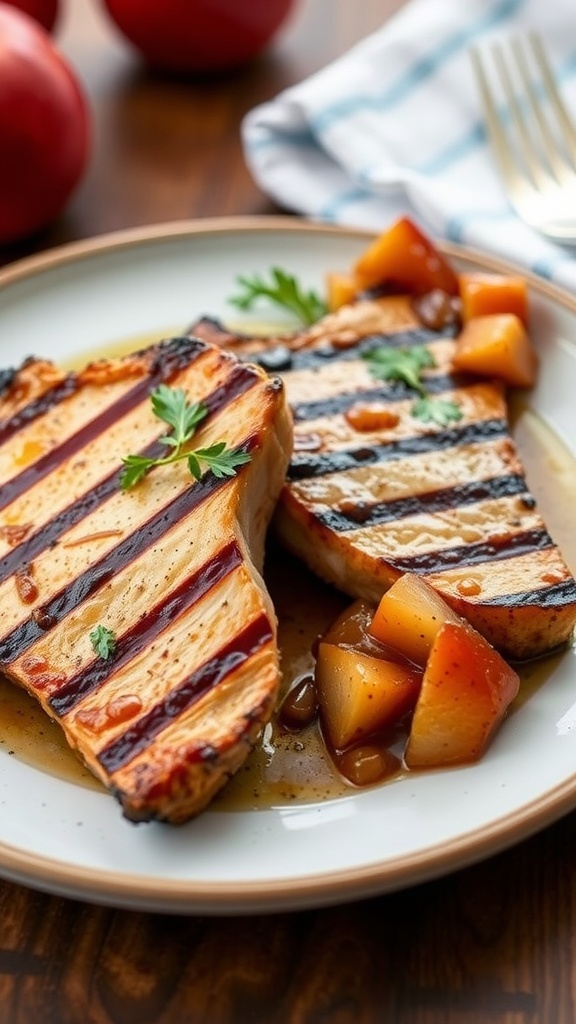 Grilled pork chops served with apple chutney on a plate.