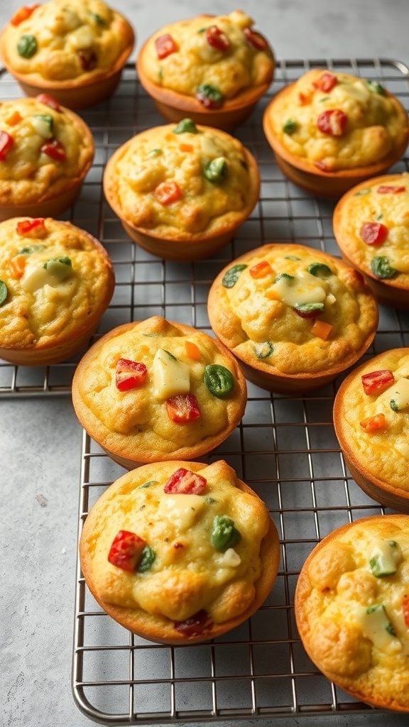 A tray of golden brown savory breakfast muffins topped with colorful vegetables.