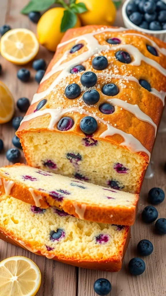 Lemon blueberry pound cake with a golden crust and blueberries, sliced on a wooden table with lemons and blueberries.