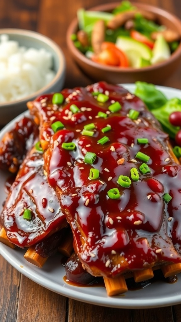 Tender Asian BBQ ribs garnished with green onions and sesame seeds, served with rice and salad on a wooden table.