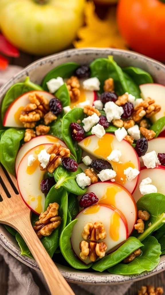 Fresh Apple Walnut Salad Recipe A fresh apple walnut salad with spinach, apples, walnuts, feta, and cranberries in a rustic bowl.
