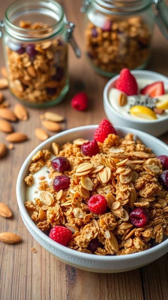A bowl of almond cranberry granola with yogurt and fruits on a wooden table.