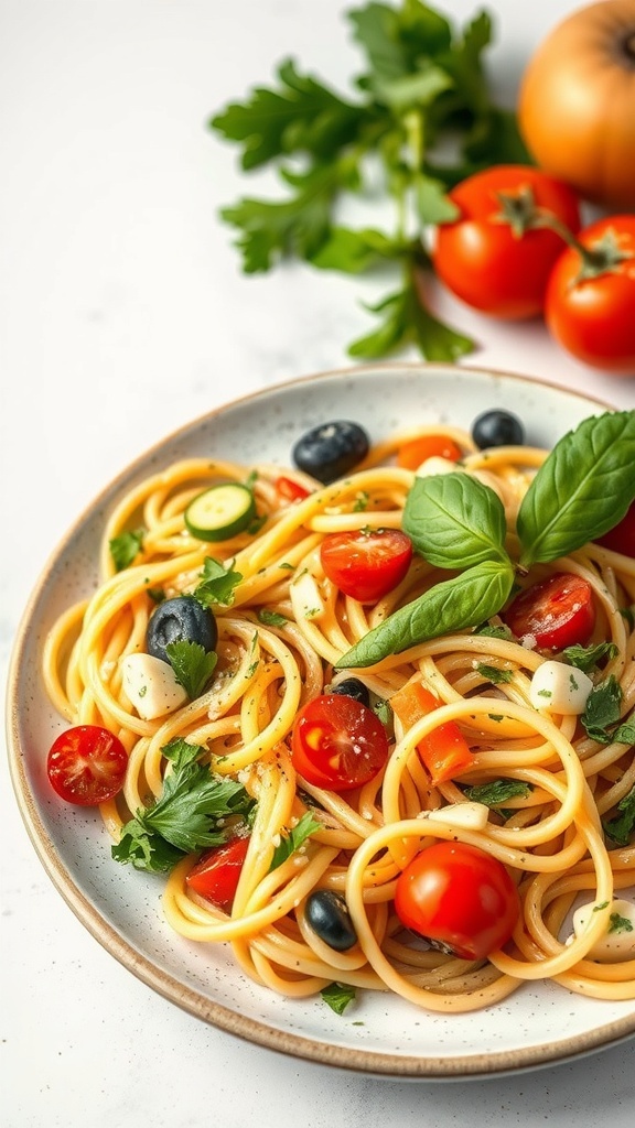 A plate of pasta primavera with cherry tomatoes, zucchini, and basil.