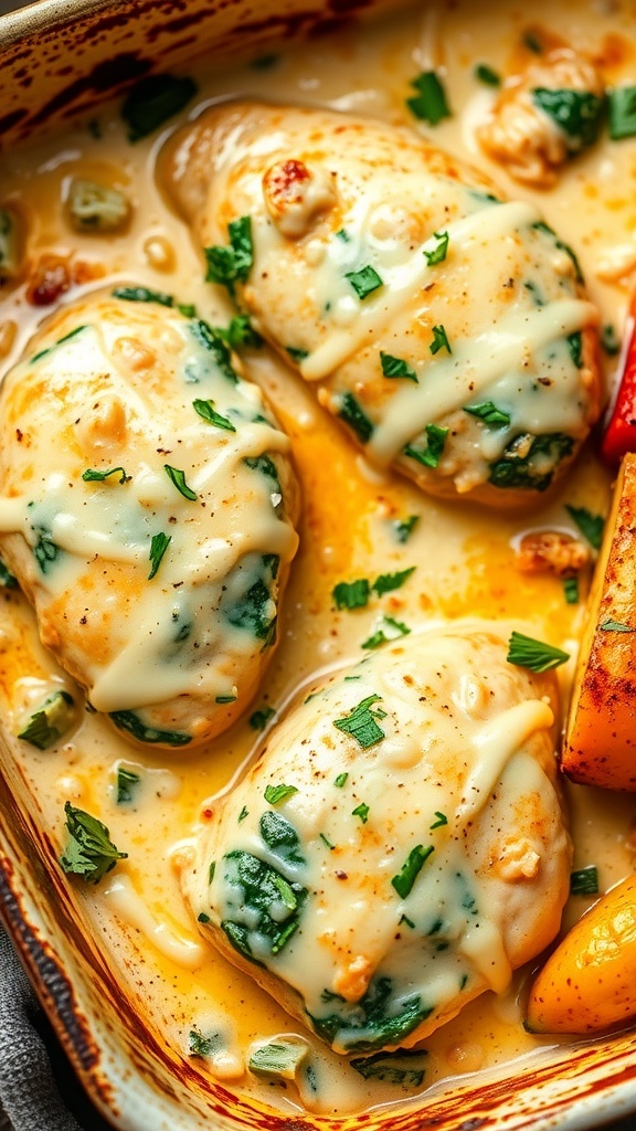 Creamy Artichoke Chicken Bake Recipe Creamy artichoke chicken bake with artichoke hearts and spinach, topped with melted cheese in a rustic baking dish.