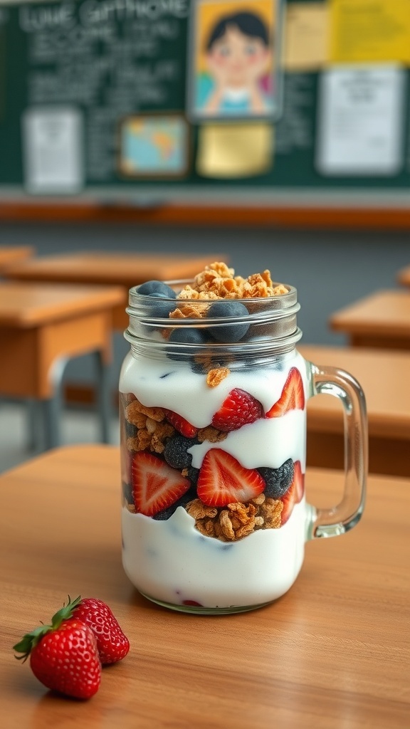 A jar of Greek yogurt parfait with strawberries, blueberries, and granola on a classroom desk.