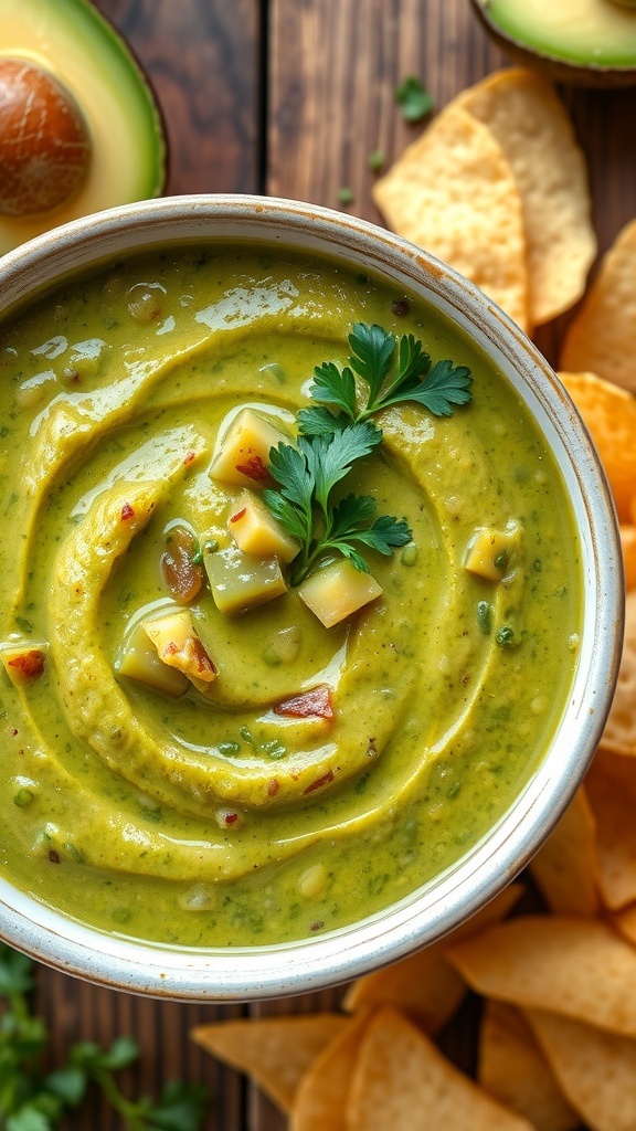 A bowl of creamy avocado salsa verde with tortilla chips on a rustic table.
