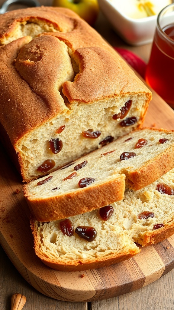 Moist Cinnamon Apple Raisin Bread Recipe Sliced apple raisin bread with apples and raisins on a wooden board, accompanied by a cup of tea.