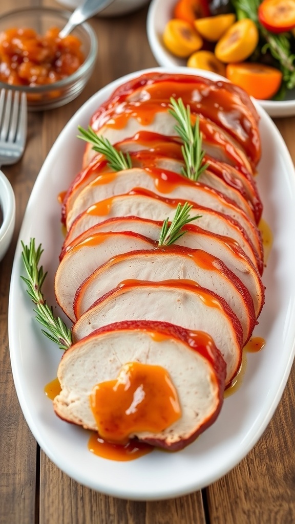 Glazed Apricot Pork Tenderloin Recipe Sliced glazed apricot pork tenderloin on a platter with rosemary, served with roasted vegetables.
