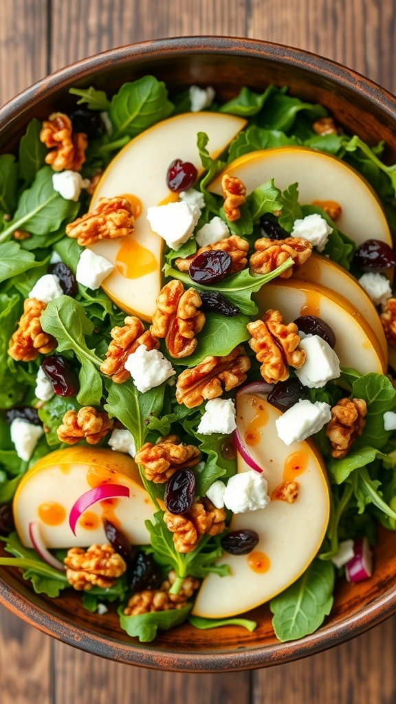 Refreshing Arugula and Pear Salad Recipe A refreshing arugula and pear salad with walnuts, goat cheese, and cranberries, drizzled with vinaigrette.