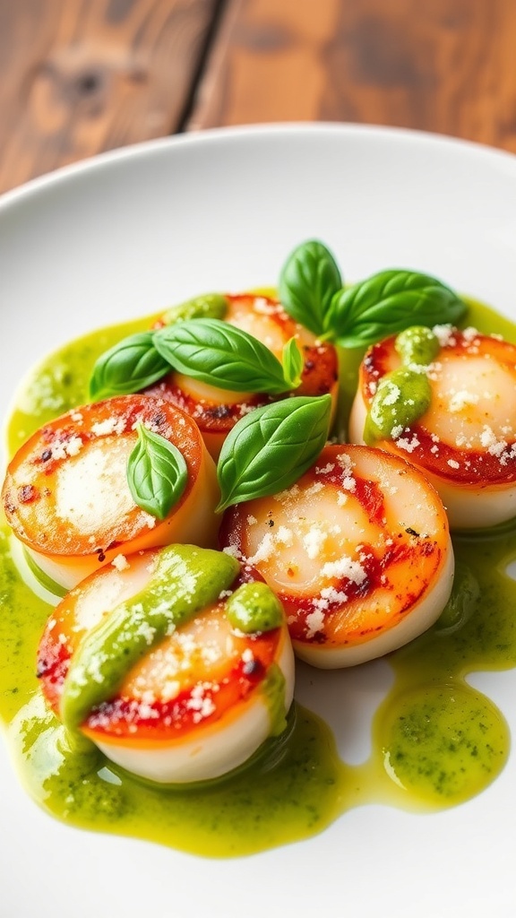 Seared Scallops with Pesto Cream Sauce Recipe Seared scallops with pesto cream sauce on a white plate, garnished with basil and Parmesan.