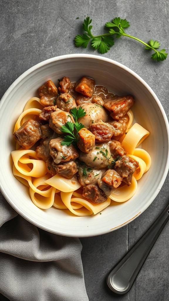 A bowl of beef stroganoff served over egg noodles, garnished with parsley.
