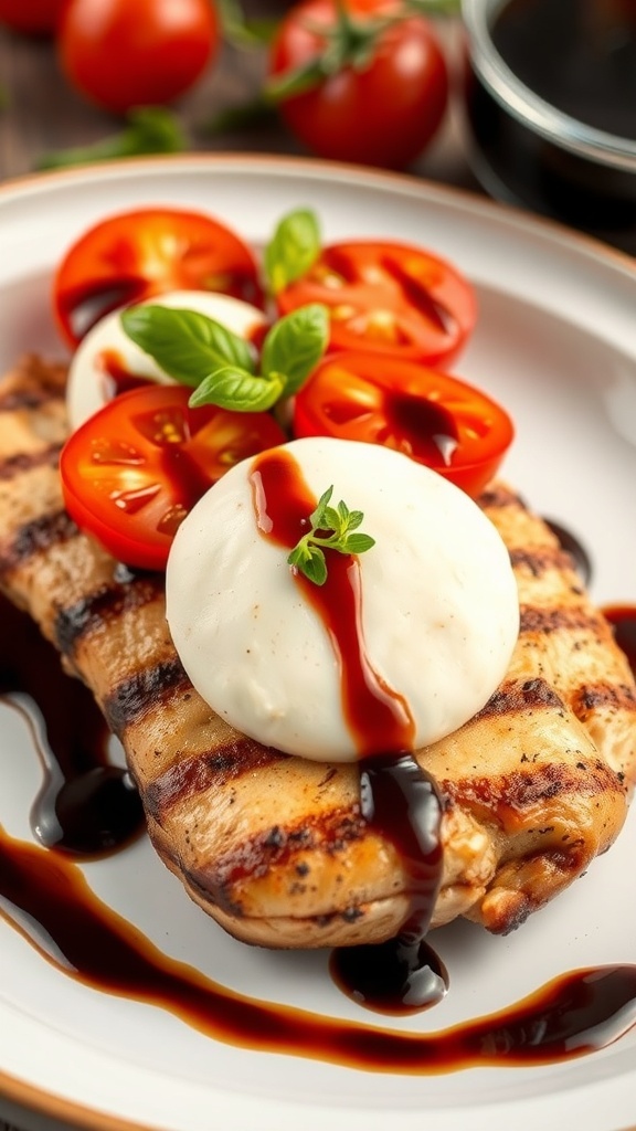 Grilled chicken topped with mozzarella, tomatoes, and basil, drizzled with balsamic glaze.