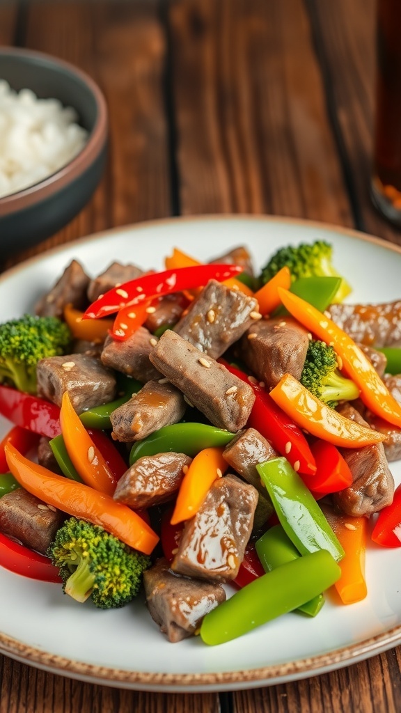 A colorful Asian beef stir fry with beef, bell peppers, broccoli, and snap peas, served with rice.