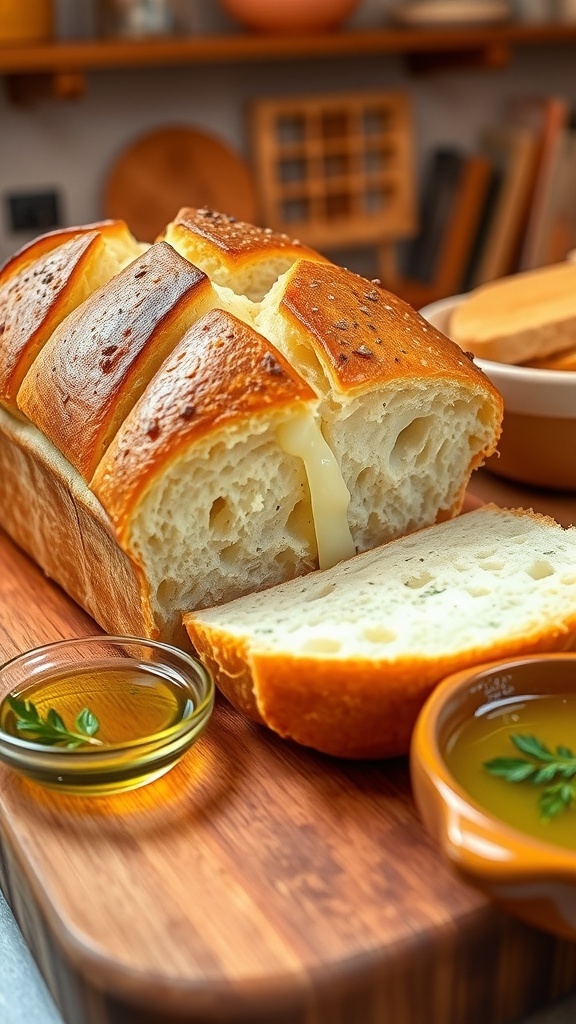 Crusty Asiago Cheese Bread Recipe A golden crust asiago cheese bread loaf on a wooden board, sliced to show the soft interior.
