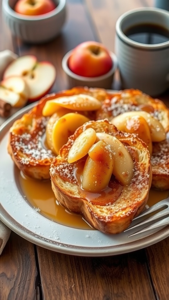 Delicious Apple Cinnamon French Toast Recipe Apple cinnamon french toast topped with caramelized apples and maple syrup on a rustic table.