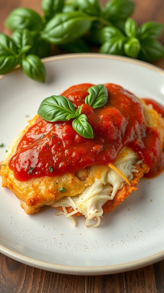 Baked Chicken Parmesan topped with marinara sauce and basil on a plate.
