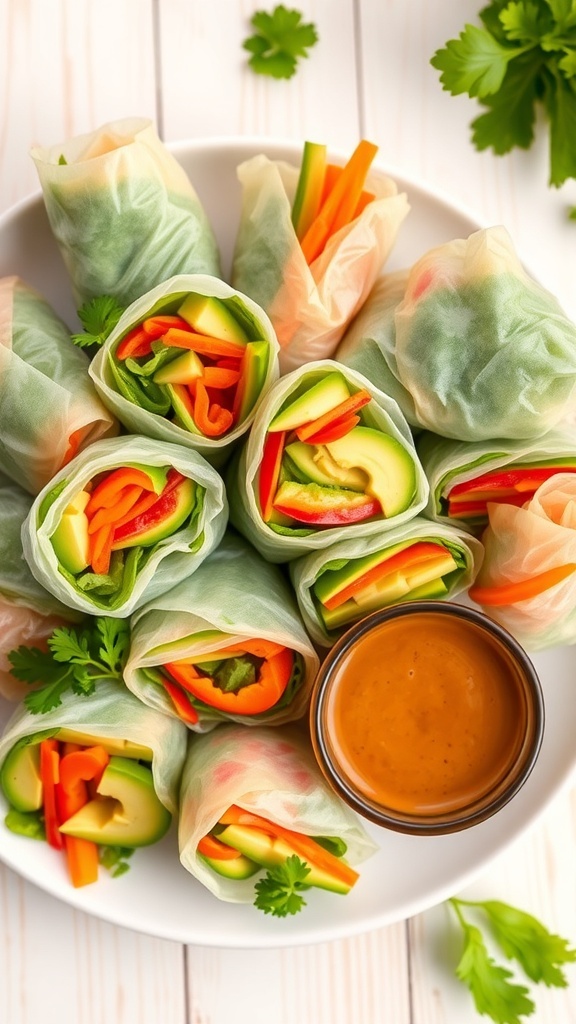 Fresh avocado spring rolls with colorful vegetables and peanut sauce on a wooden table.