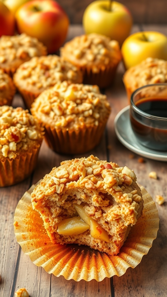 Delicious Apple Streusel Muffins Recipe Freshly baked apple streusel muffins with crumbly topping on a wooden table, surrounded by apples.