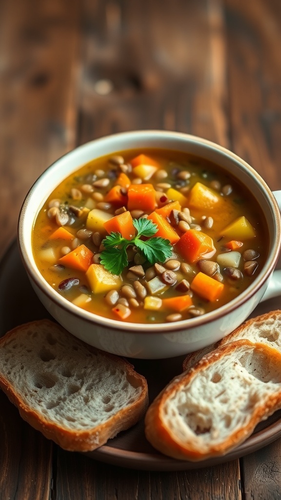 Hearty American Lentil Soup Recipe A bowl of lentil soup with carrots and celery, garnished with parsley, served with bread on a wooden table.