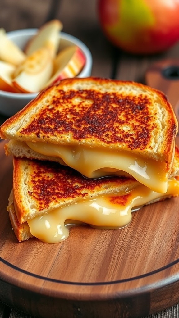 A grilled cheese sandwich filled with Gouda cheese and apple slices, cut in half on a wooden board with apple slices on the side.