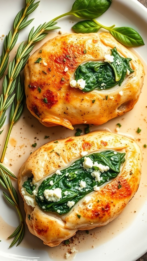 Spinach and feta stuffed chicken breasts on a plate with herbs.