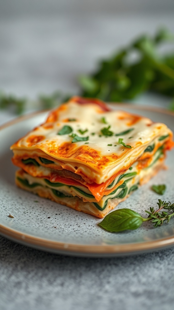 A delicious homemade vegetable lasagna served on a plate, showcasing layers of pasta, cheese, and vegetables.