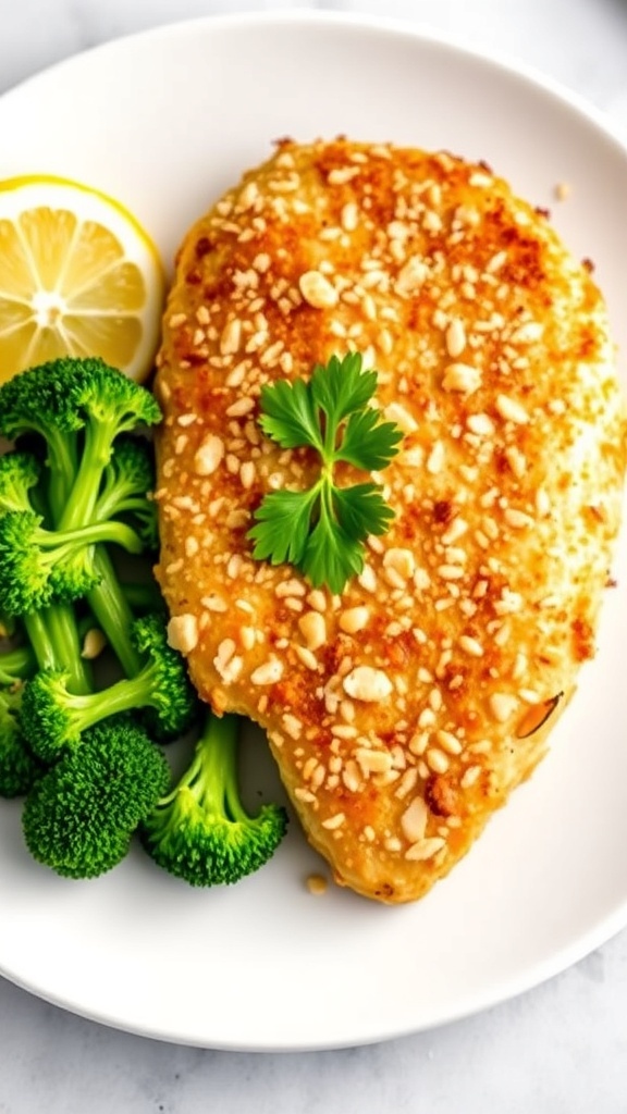 Almond-Crusted Chicken Recipe Almond-crusted chicken breast on a plate with broccoli and lemon wedge, garnished with parsley.