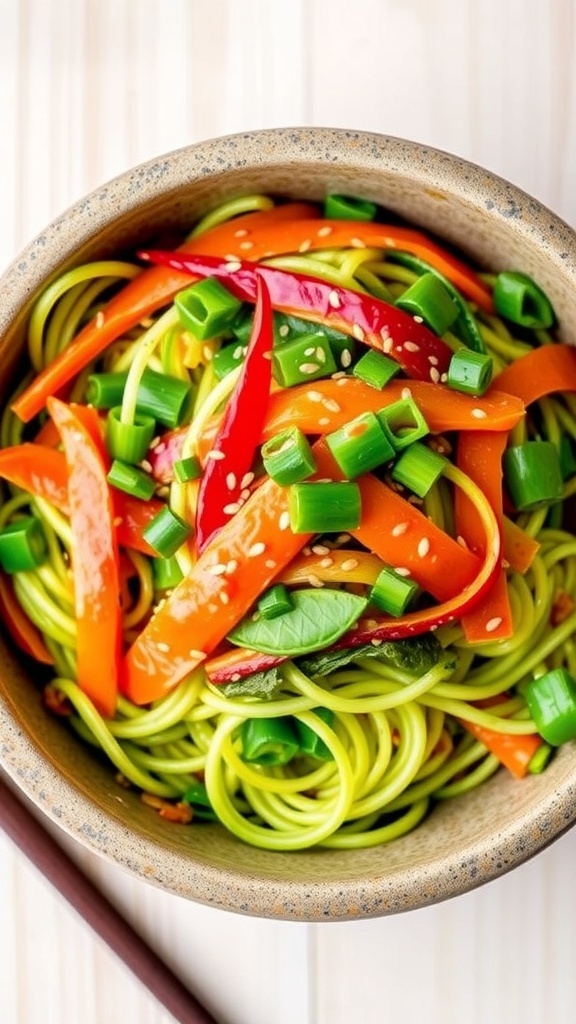 A colorful bowl of Asian zoodle dish with zucchini noodles, bell peppers, snap peas, and carrots, garnished with sesame seeds and green onions.
