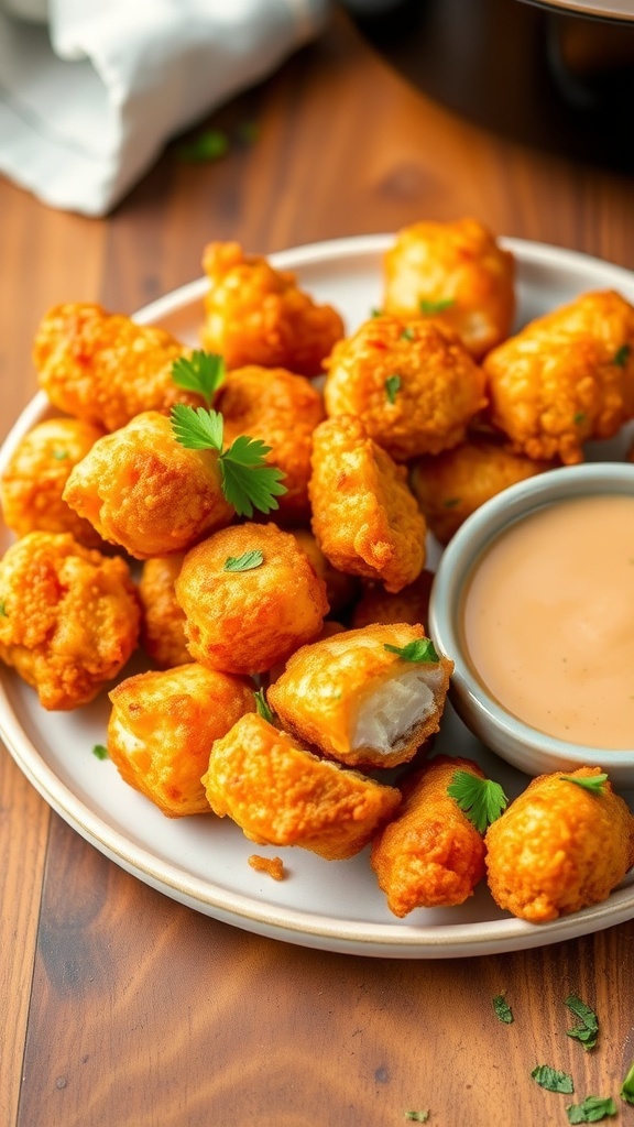 A plate of golden crispy chicken bites with parsley and dipping sauce on a wooden table.