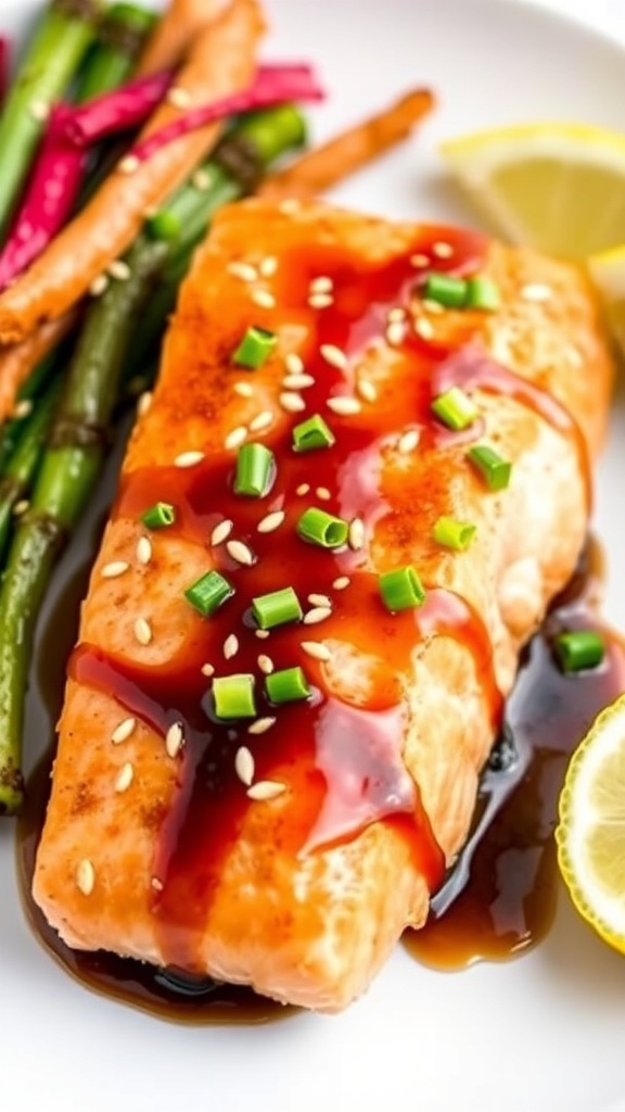 Air fryer salmon fillet with maple soy glaze, garnished with sesame seeds and green onions, served with vegetables.