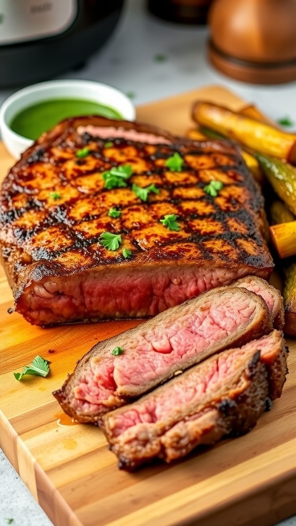 Juicy Air Fryer Steak Recipe Juicy air fryer steak garnished with herbs, served with roasted vegetables and chimichurri sauce on a wooden board.