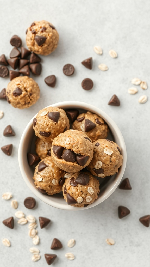 A bowl of chocolate chip energy bites surrounded by chocolate chips and oats.