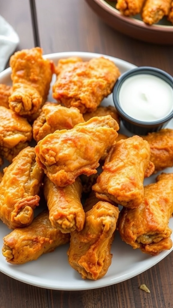 Crispy air fryer chicken wings served with ranch dressing on a rustic table.