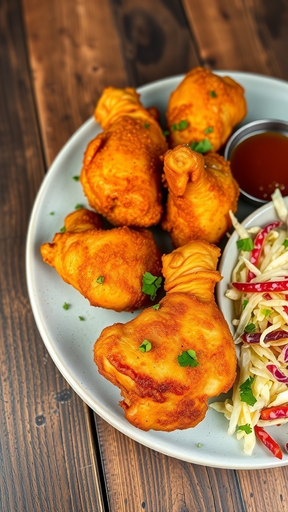 Crispy air fryer fried chicken on a plate with dipping sauce and coleslaw on a wooden table.
