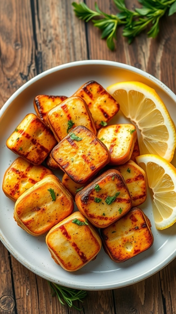 Crispy air fryer halloumi slices on a plate with lemon wedges and herbs.