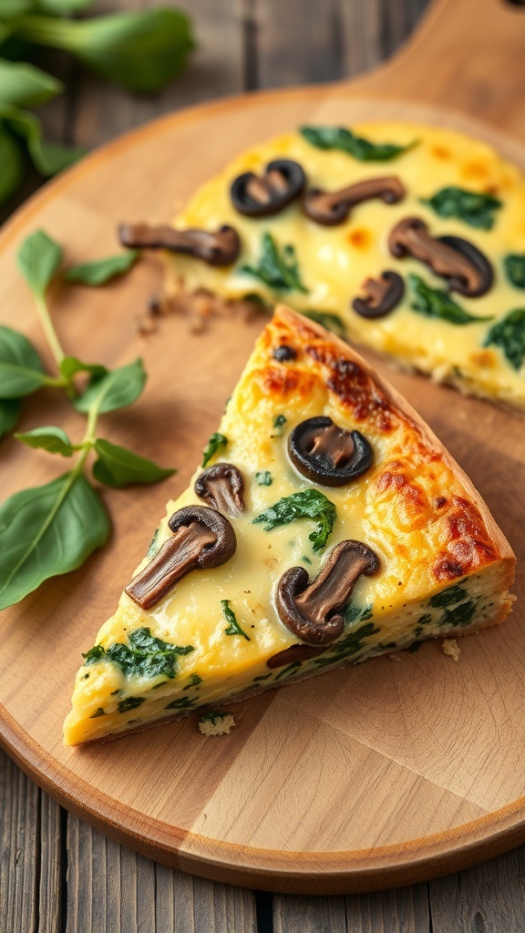 A slice of mushroom and spinach frittata on a wooden board, garnished with fresh greens.
