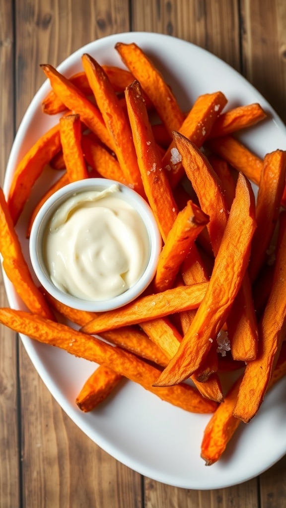 Crispy Air Fryer Sweet Potato Fries Recipe Crispy sweet potato fries on a plate with dipping sauce, garnished with sea salt.