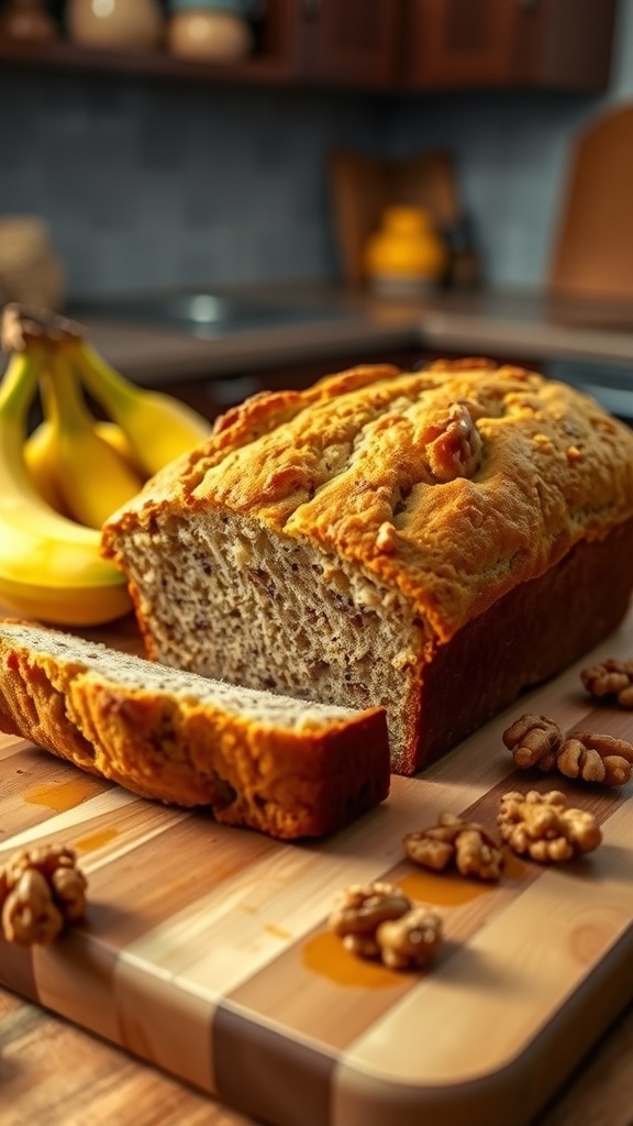 A loaf of golden brown banana bread on a cutting board with ripe bananas and walnuts.