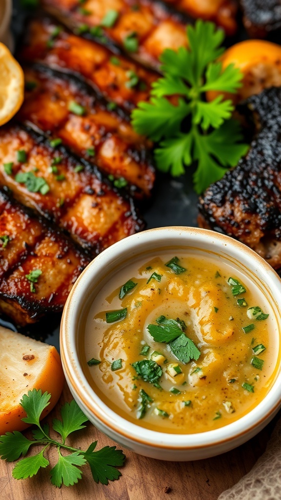 A bowl of chimichurri sauce with grilled meat and fresh herbs in the background.