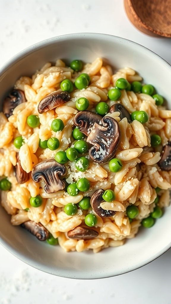 A bowl of creamy mushroom risotto with peas, featuring orzo pasta, mushrooms, and green peas.